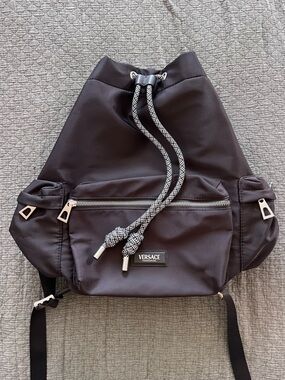 Versace Black Drawstring Bucket Bag with Braided Trim